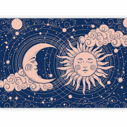 Papier peint - Harmonie cosmique - Illustration du soleil et de la lune sur fond bleu marine