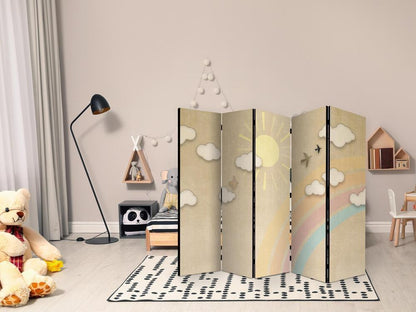 Room Divider - Holiday Sky - A Rainbow on a Sunny Day and Flying Birds- A 5 Panel Folding Screen For Living rooms, bedrooms or home office, decorative folding screen made with wood and canvas