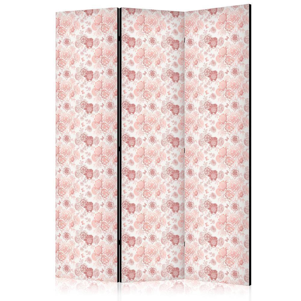 Room Divider - Pink Blossoming - Flowers in Warm Colors on a White Background