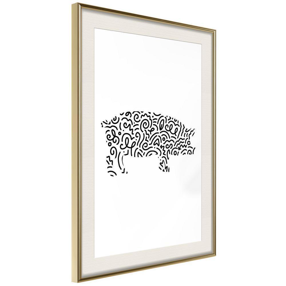 Black and White Framed Poster - Curly Pig-artwork for wall with acrylic glass protection