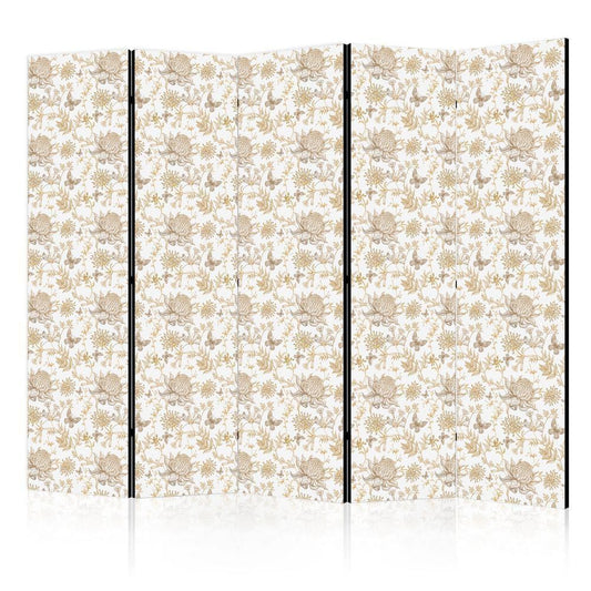 Room Divider - Beige Shades of Nature - Flowers and Butterflies on a White Background - Illustration- A 5 Panel Folding Screen For Living rooms, bedrooms or home office, decorative folding screen made with wood and canvas