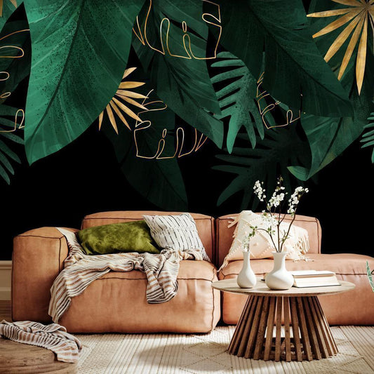 Wall Mural - Jungle and composition - motif of green and golden leaves on a black background-Wall Murals-ArtfulPrivacy