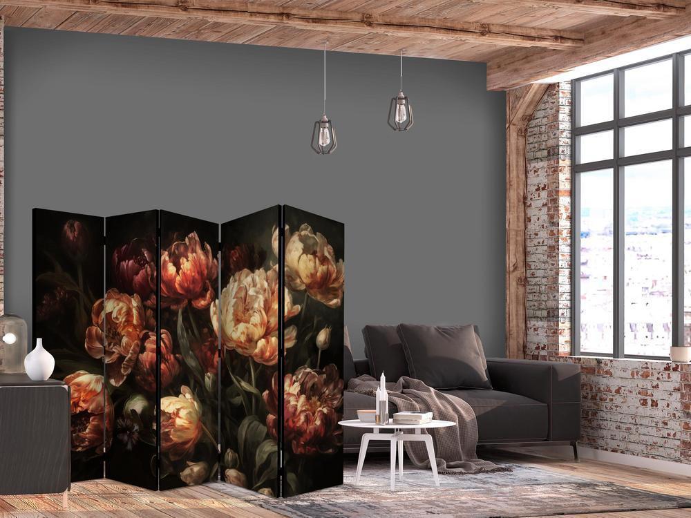 Room Divider - Magnificent Tulips - Bouquet of Flowers in Red and White on a Black Background- A 5 Panel Folding Screen For Living rooms, bedrooms or home office, decorative folding screen made with wood and canvas