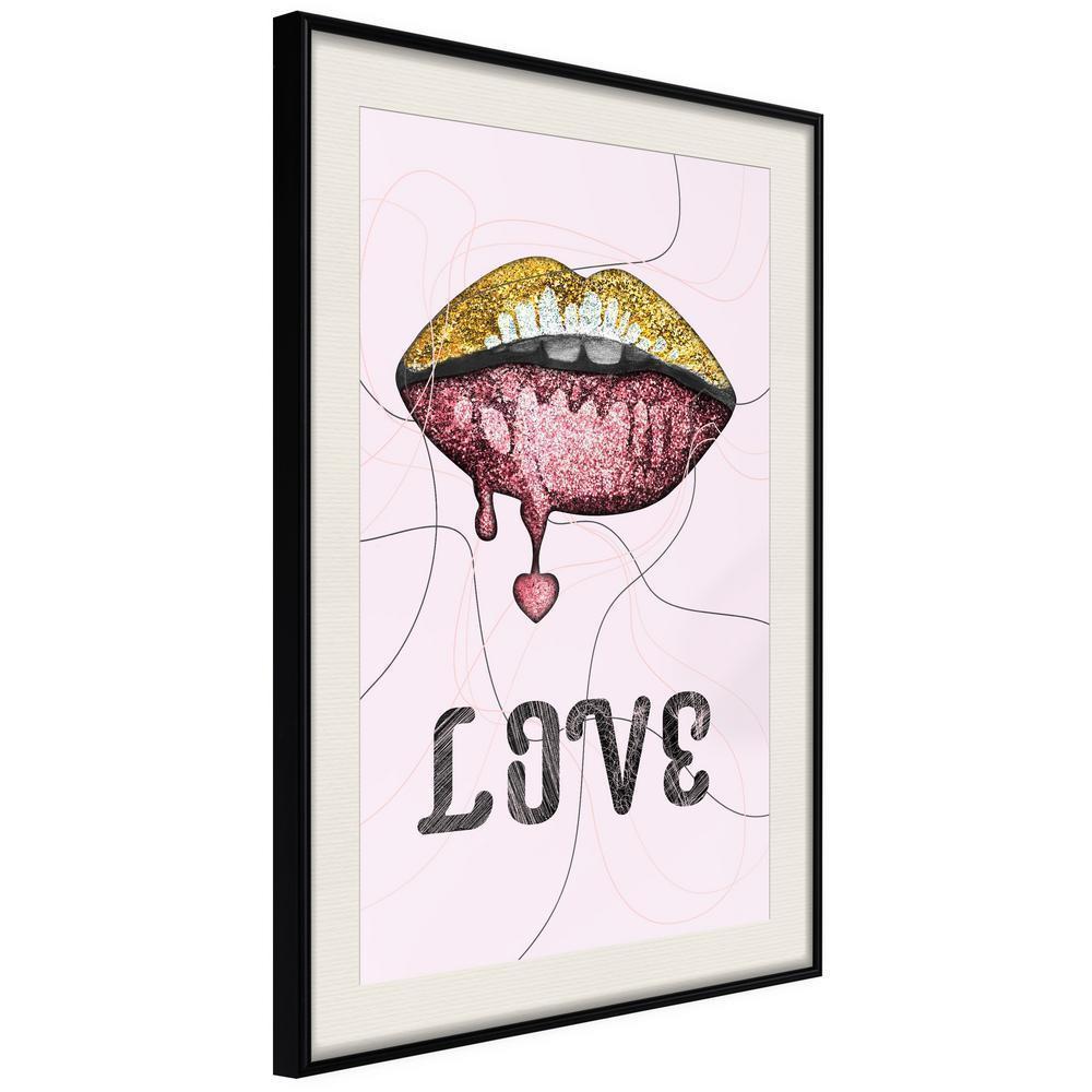 Typography Framed Art Print - Lip Gloss and Love-artwork for wall with acrylic glass protection