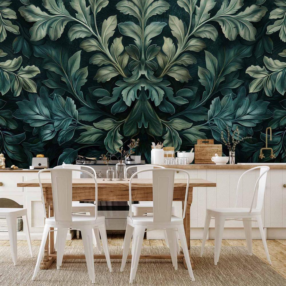 Wall Mural - Dark Green Victorian Leaves: Botanical Carved Composition