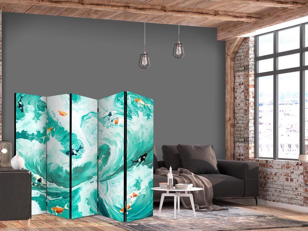 Room Divider - Koi Fish Among Waves - Japanese Fish Amid Waves in Shades of Turquoise And White- A 5 Panel Folding Screen For Living rooms, bedrooms or home office, decorative folding screen made with wood and canvas