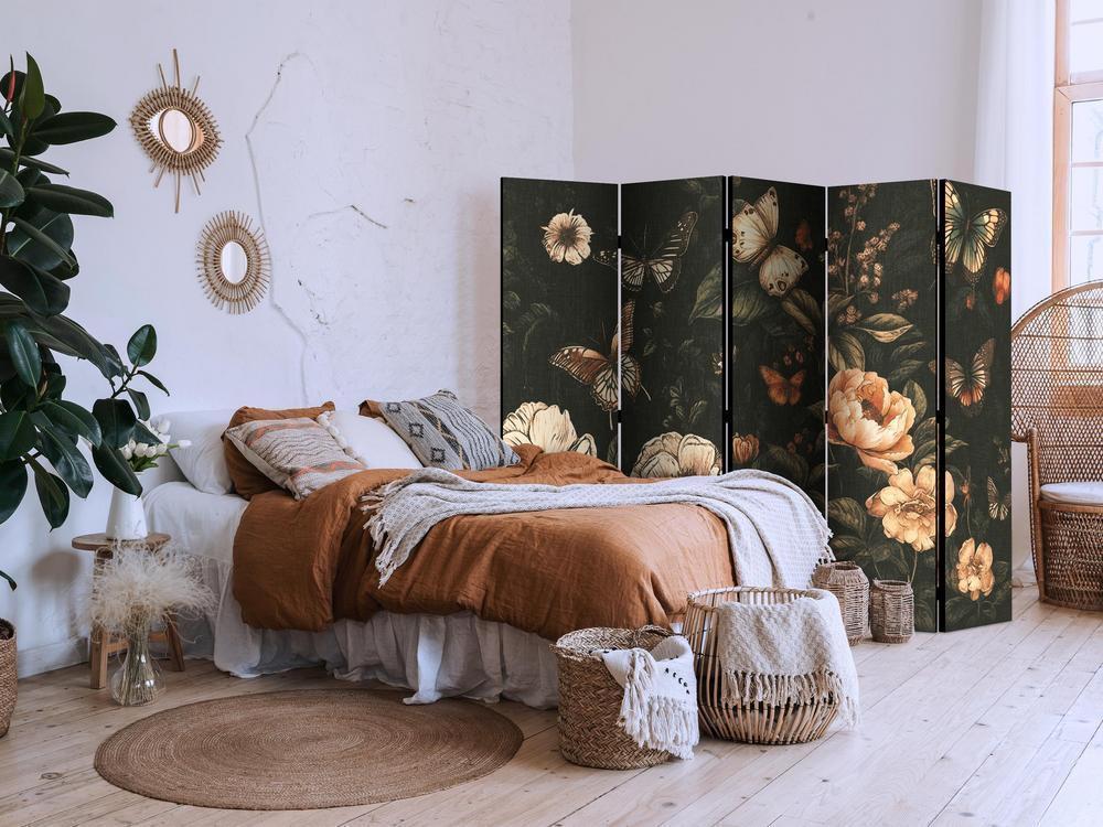 Room Divider - Mysterious Garden - Butterflies Flying Over Flowers - Rustic Evening- A 5 Panel Folding Screen For Living rooms, bedrooms or home office, decorative folding screen made with wood and canvas