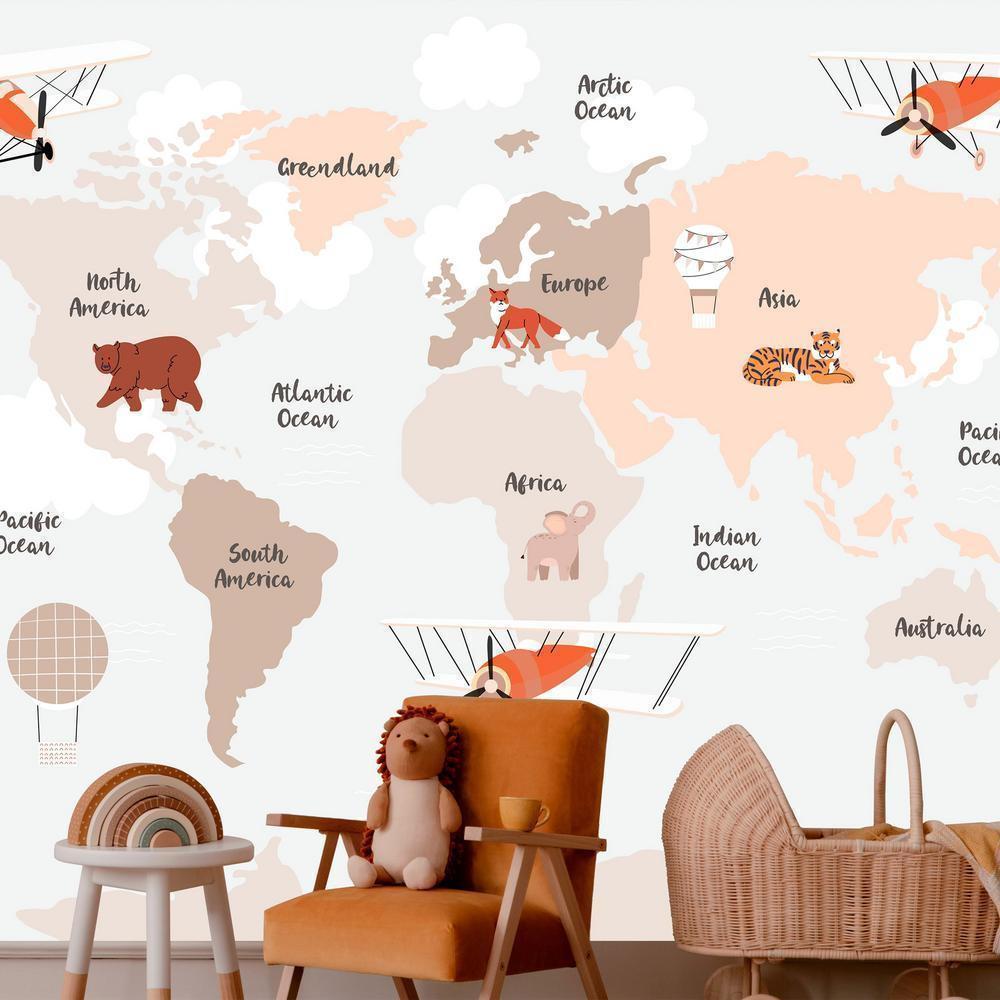 Wall Mural - Map in Shades of Beige - Continents With Animals