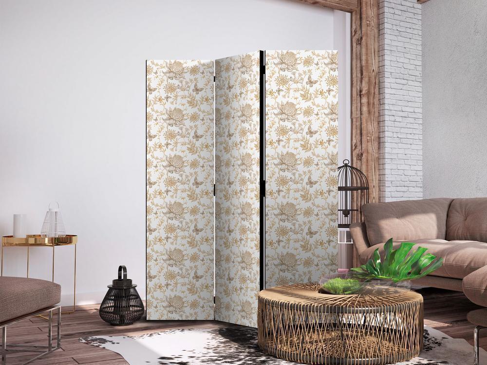 Room Divider - Beige Shades of Nature - Flowers and Butterflies on a White Background - Illustration