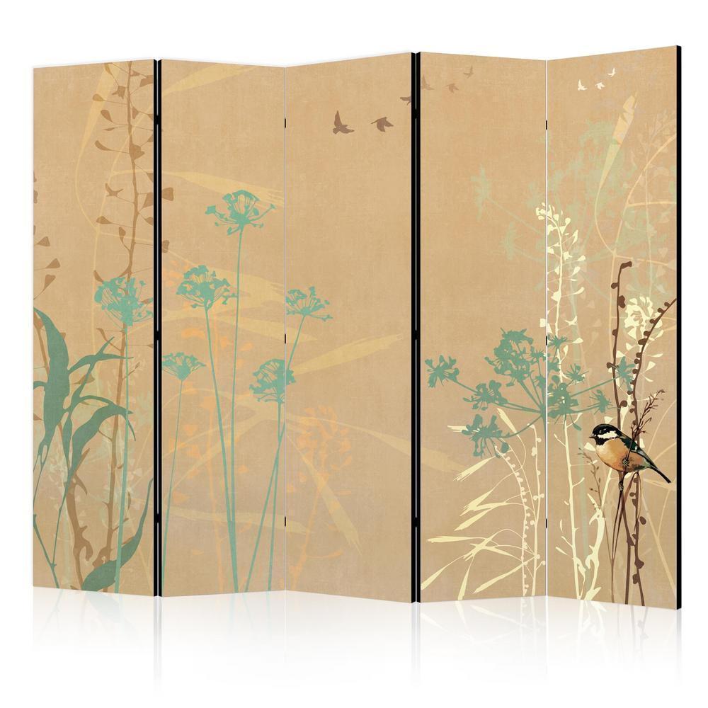 Room Divider - Tiny Bird - Colorful Grasses in Golden Shades of Sunset- A 5 Panel Folding Screen For Living rooms, bedrooms or home office, decorative folding screen made with wood and canvas