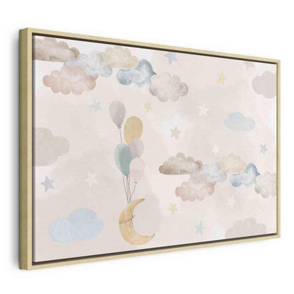 Canvas Print - Fairy-Tale Moon - Pastel Moon with Balloons Among Colorful Clouds and Stars in Subdued Colors on a Light Background