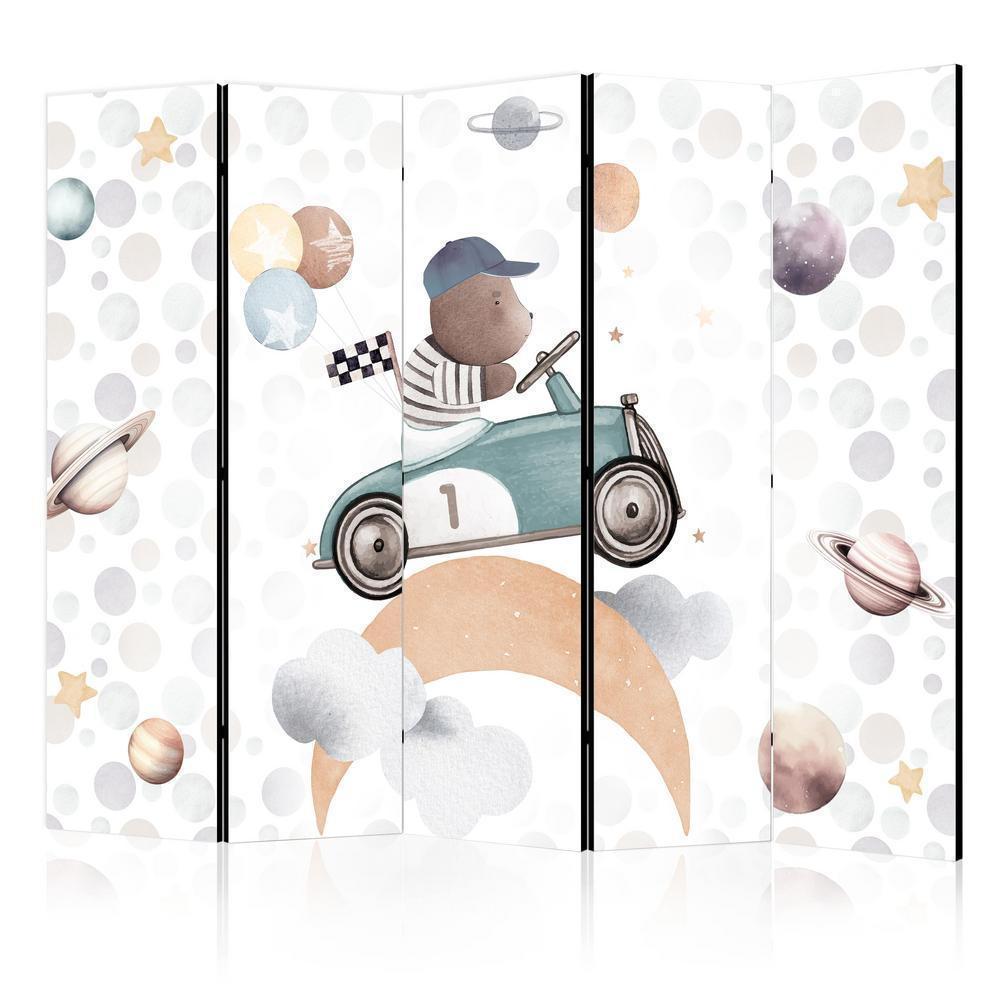 Room Divider - Galactic Races - Bear Participating in Car Races Among Planets - Clouds - and Stars in Pastel Hues- A 5 Panel Folding Screen For Living rooms, bedrooms or home office, decorative folding screen made with wood and canvas