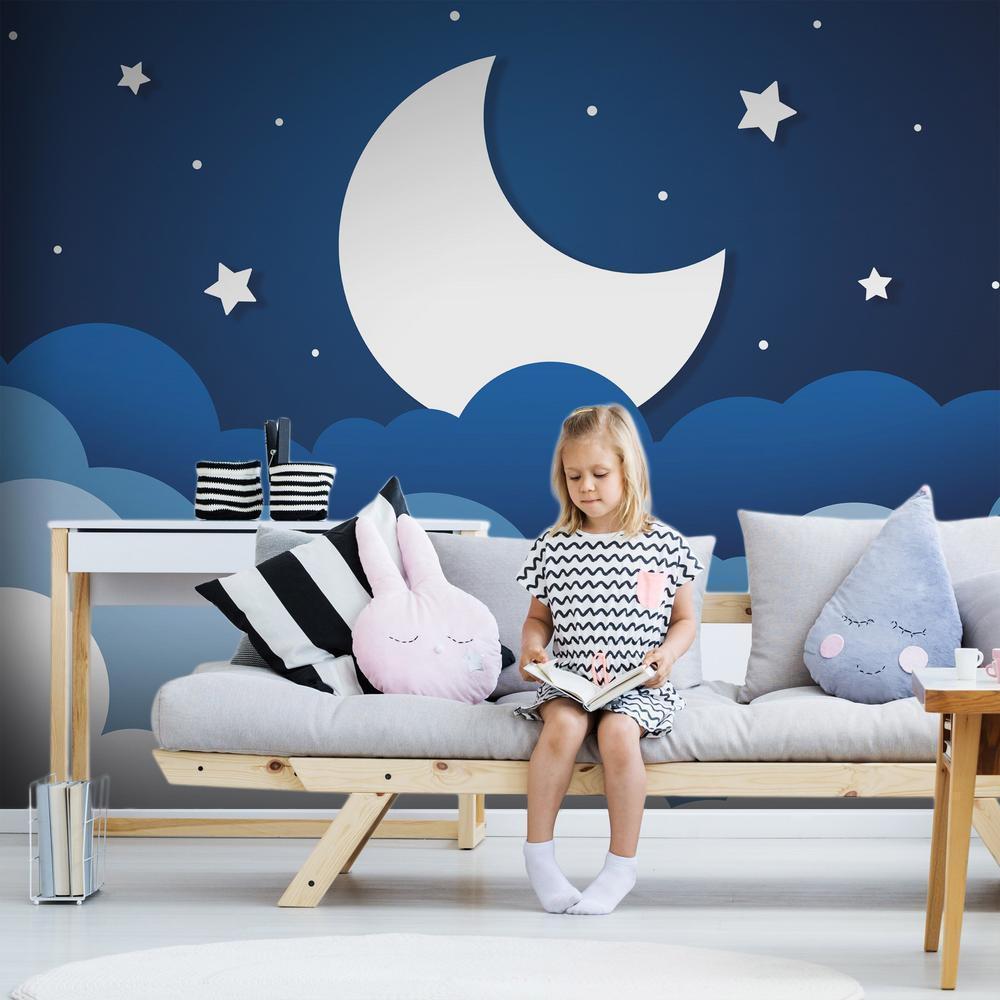 Wall Mural - Moon dream - clouds on a dark blue sky with stars for children-Wall Murals-ArtfulPrivacy