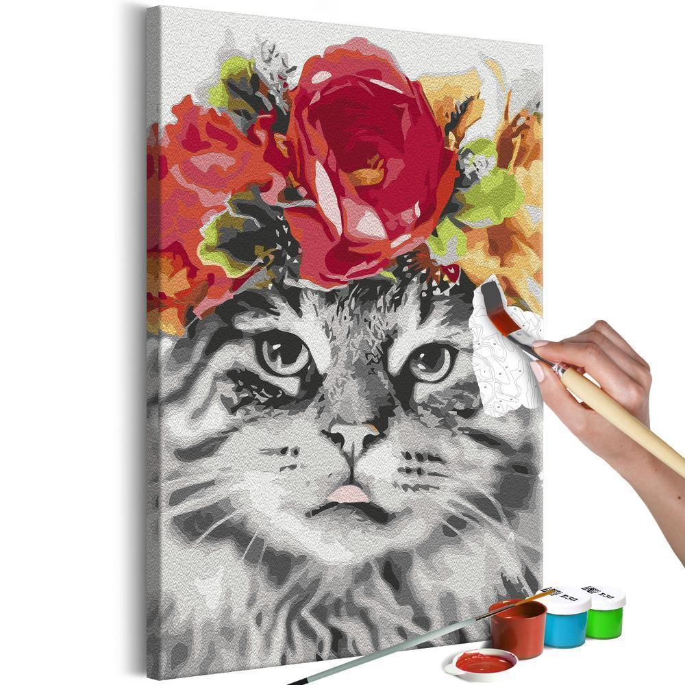 Start learning Painting - Paint By Numbers Kit - Cat With Flowers - new hobby