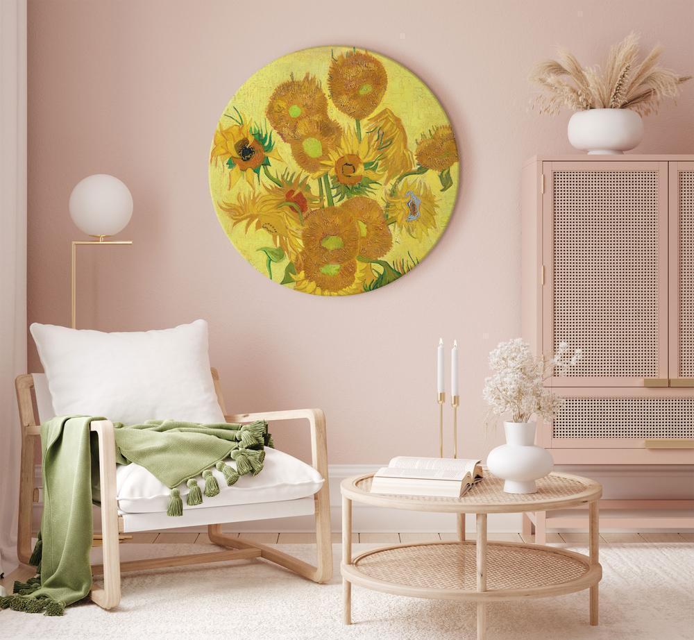 Circle shape wall decoration with printed design - Round Canvas Print - Sunflowers (Vincent van Gogh) - ArtfulPrivacy
