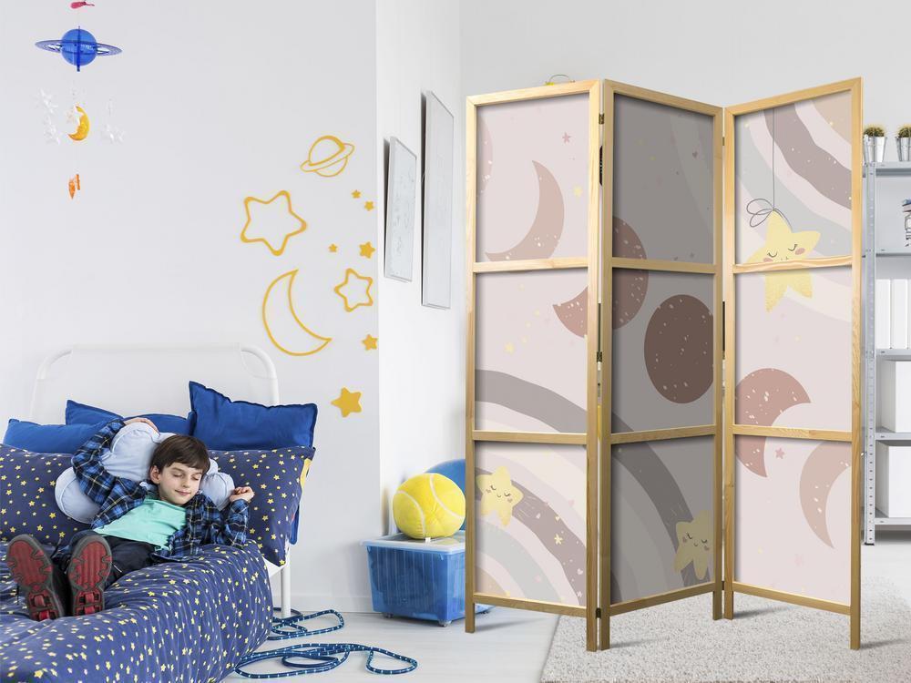 Japanese Room Divider - Joyful Sky - Yellow cheerful stars with a rainbow against the moon phases - in the sky colored light beige