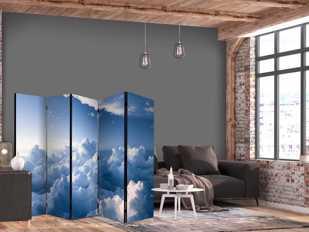 Room Divider - Aerial Landscapes: Rays Illuminating Fluffy Cloud Formations- A 5 Panel Folding Screen For Living rooms, bedrooms or home office, decorative folding screen made with wood and canvas