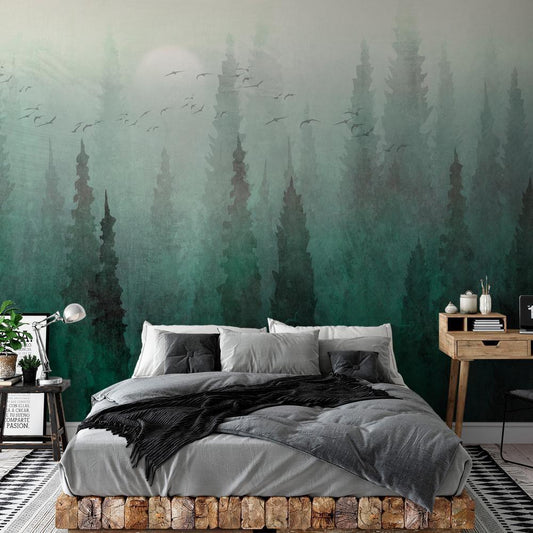 Wall Mural - Bird's eye perspective - landscape of a green forest with trees in the mist-Wall Murals-ArtfulPrivacy