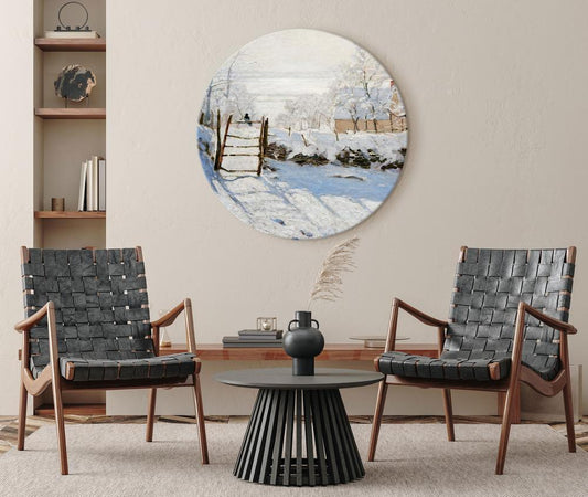 Circle shape wall decoration with printed design - Round Canvas Print - Claude Monet’s Magpie - Normandy’s Painted Winter Landscape - ArtfulPrivacy