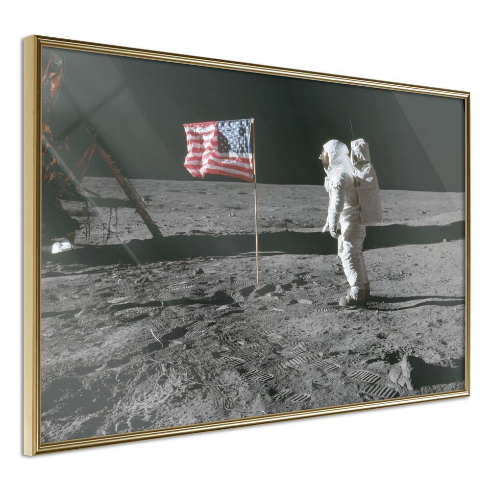 Black and White Framed Poster - Flag on the Moon-artwork for wall with acrylic glass protection