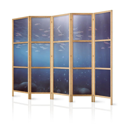 Japanese Room Divider - School of Small Fish - Illuminated Oceanic Depth in Shades of Navy Purple and Gray with a School of Tiny Fish