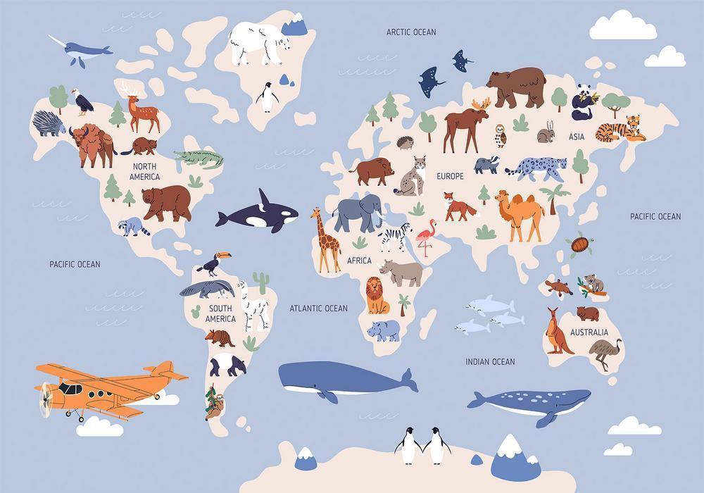 Wall Mural - World Map With Animal Illustrations-Wall Murals-ArtfulPrivacy