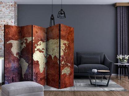 Room Divider - Iron continents II- A 5 Panel Folding Screen For Living rooms, bedrooms or home office, decorative folding screen made with wood and canvas