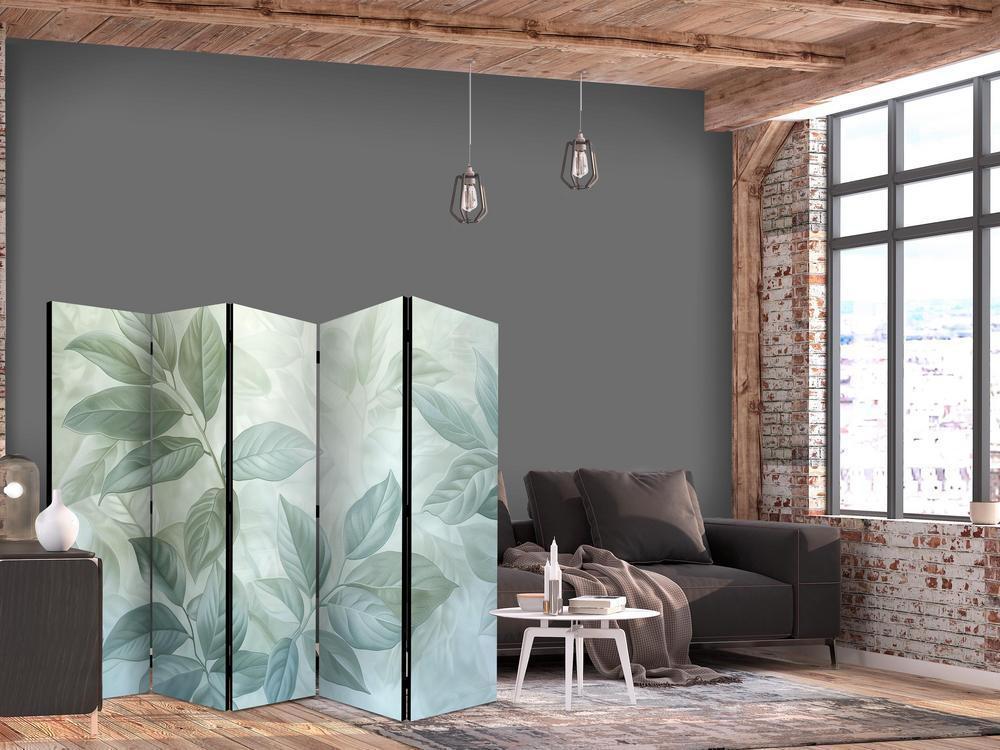 Room Divider - Large Leaves in Green-Mint Shades - Botanical Motif- A 5 Panel Folding Screen For Living rooms, bedrooms or home office, decorative folding screen made with wood and canvas