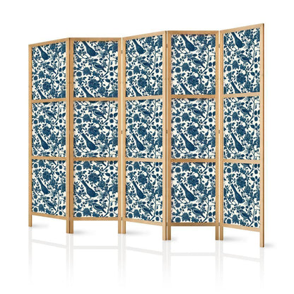 Japanese Room Divider - Rose Vines - Monochromatic Blue Birds Resting Among Roses