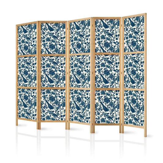 Japanese Room Divider - Rose Vines - Monochromatic Blue Birds Resting Among Roses