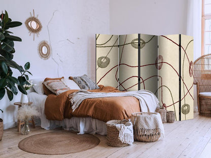 Room Divider - Labyrinth with Beads - Minimalist Abstraction on a Worn Background- A 5 Panel Folding Screen For Living rooms, bedrooms or home office, decorative folding screen made with wood and canvas