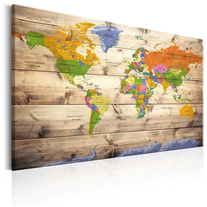 Cork board Canvas with design - Decorative Pinboard - Map on wood: Colourful Travels-ArtfulPrivacy