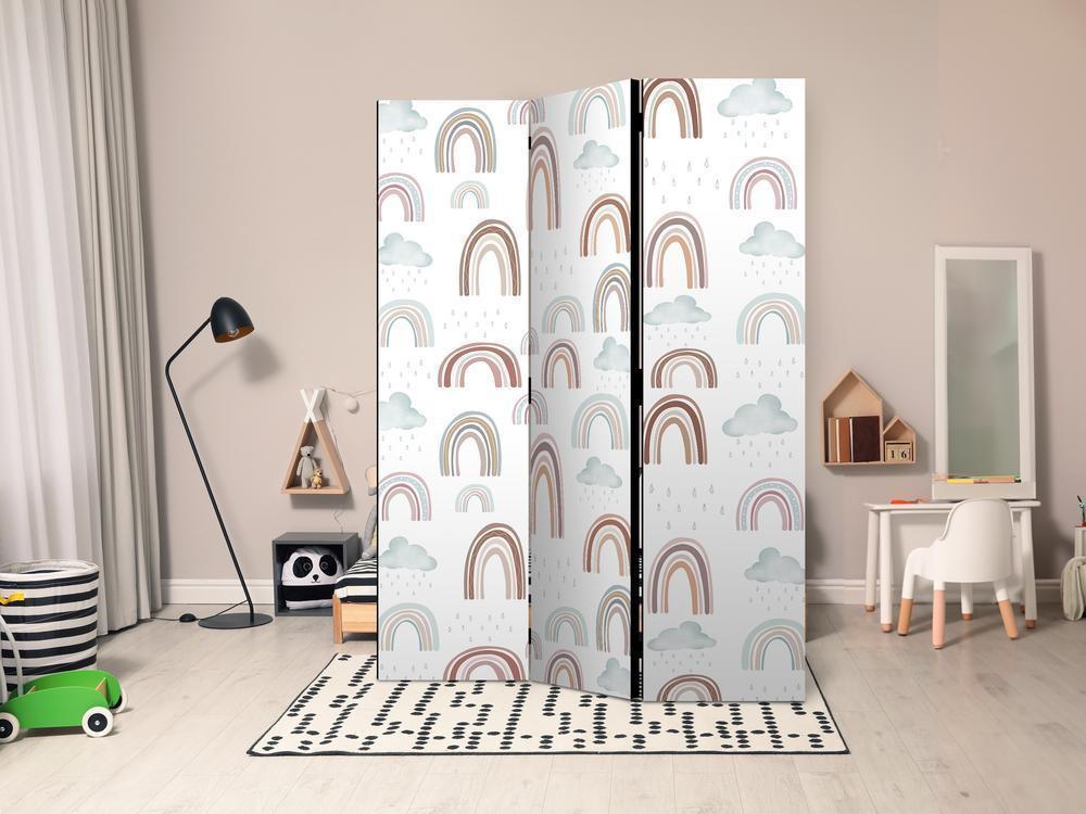 Room Divider - Rainbows and Clouds - Rainbows of Various Sizes in Muted Colors Among Rain Clouds in a Pale Blue Shade