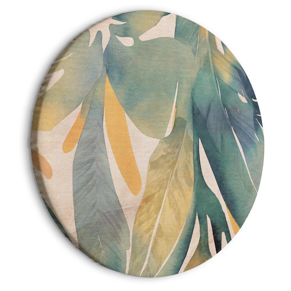 Circle shape wall decoration with printed design - Round Canvas Print - Watercolor exotics - Hanging delicate tropical plants in colors of green and yellow on a beige background/Watercolor tropics - ArtfulPrivacy
