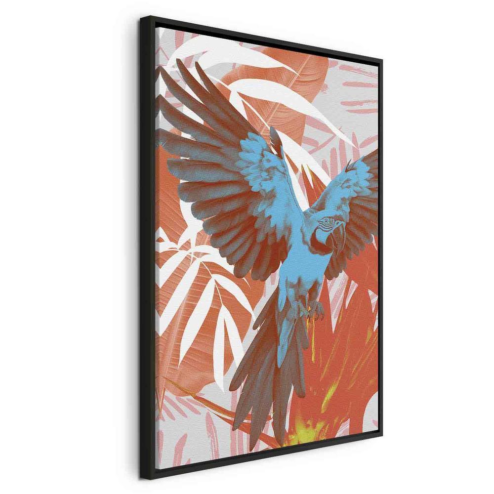 Impression sur toile - Ailes exotiques - Perroquet parmi des motifs de feuilles abstraits