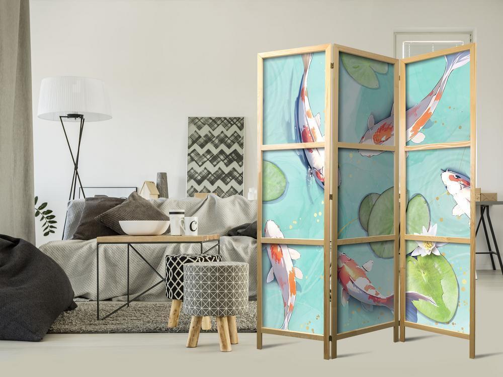 Japanese Room Divider - Spectacular Fish - White-Orange Koi Fish Swimming in Crystal Clear Water with Water Lilies