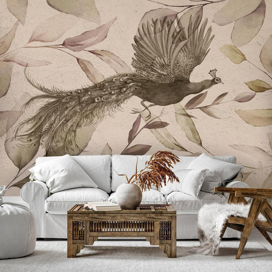 Wall Mural - Bird among the leaves - floral motif with a flying peacock in cool tones-Wall Murals-ArtfulPrivacy