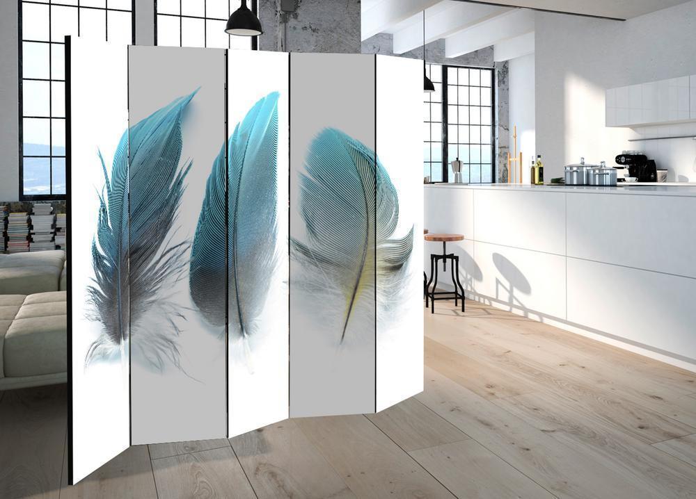 Decorative partition-Room Divider - Blue Feathers II-Folding Screen Wall Panel by ArtfulPrivacy
