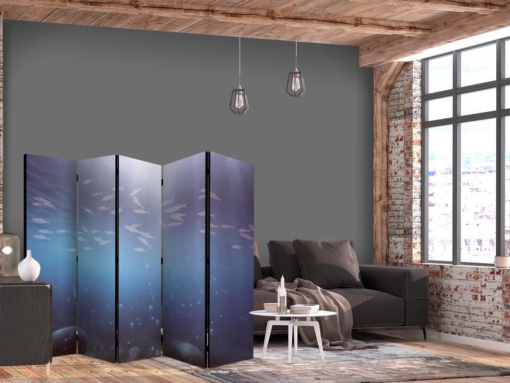 Room Divider - School of Small Fish - Illuminated Oceanic Depth in Shades of Navy Purple and Gray with a Shoal of Tiny Fish- A 5 Panel Folding Screen For Living rooms, bedrooms or home office, decorative folding screen made with wood and canvas