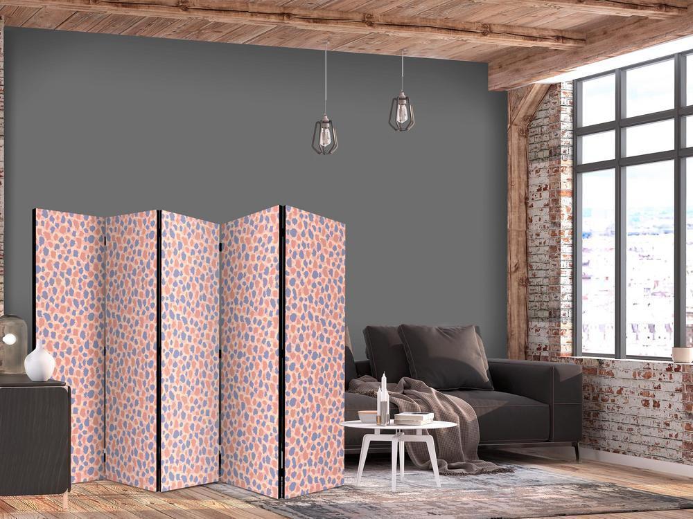 Room Divider - Giraffe Pattern - Colorful Animal Pattern in Blue-Pink Spots- A 5 Panel Folding Screen For Living rooms, bedrooms or home office, decorative folding screen made with wood and canvas