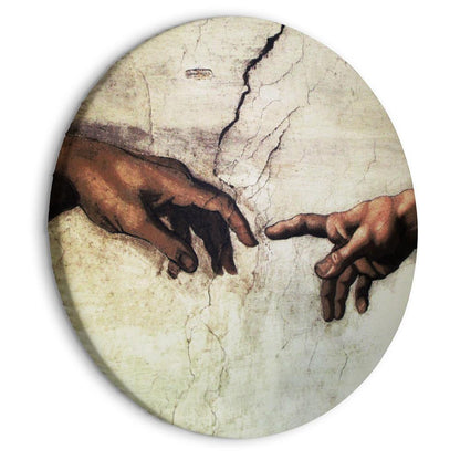 Circle shape wall decoration with printed design - Round Canvas Print - The Creation of Adam - hands from a fresco by Michelangelo - ArtfulPrivacy