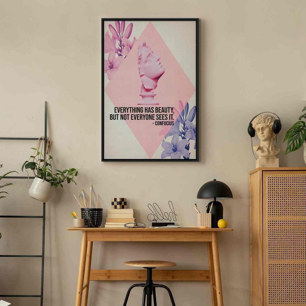 Canvas Print - Beauty in the Eyes - Inspirational Quote with Pink Bust and Flowers