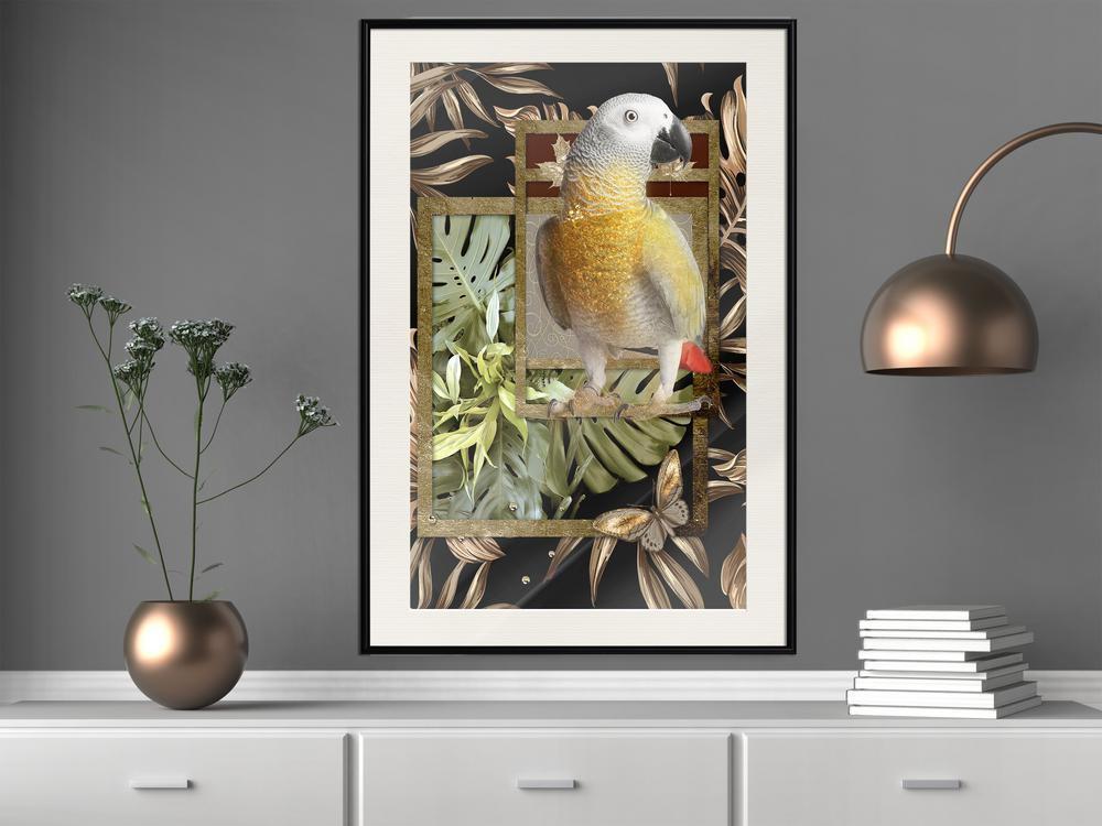 Golden Art Poster - Composition with Gold Parrot-artwork for wall with acrylic glass protection