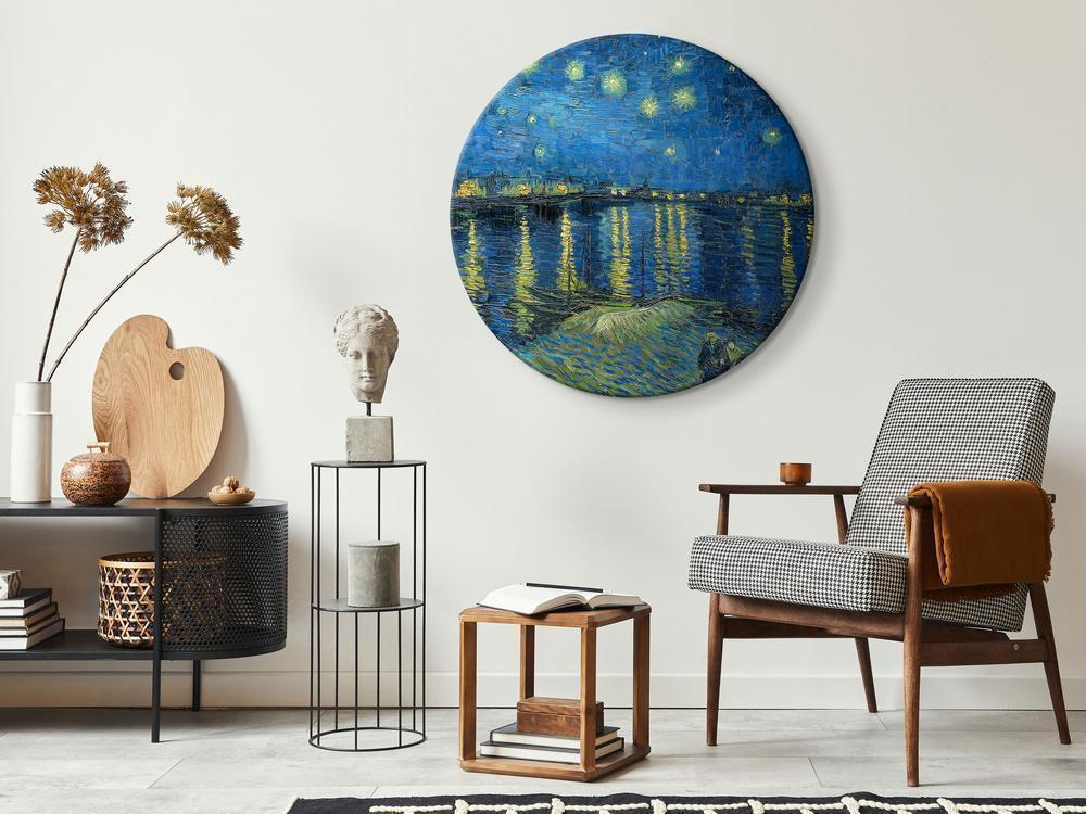 Circle shape wall decoration with printed design - Round Canvas Print - Vincent Van Gogh - Starry Night Over the Rhone - A Boat Against the Backgof the Blue Sky - ArtfulPrivacy