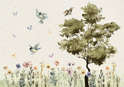 Wall Mural - Spring Meadow - a Clearing With Flowers Painted in Watercolours-Wall Murals-ArtfulPrivacy