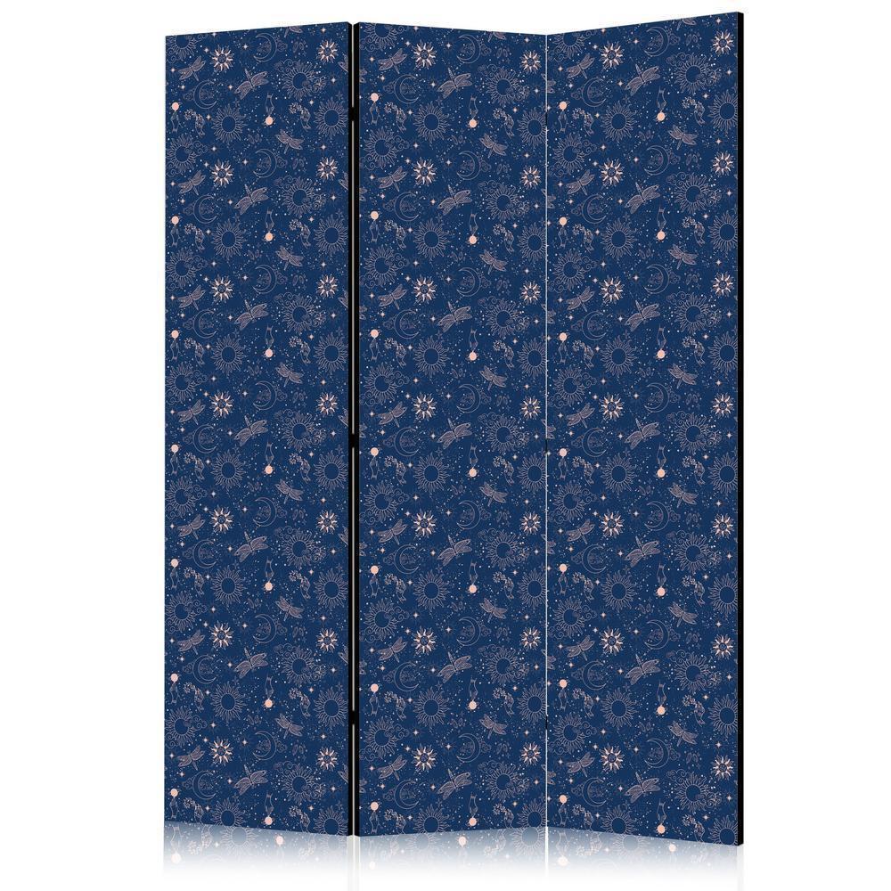 Room Divider - Cosmic Fantasy - Pattern with Suns Moons and Dragonflies on a Dark Background