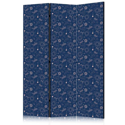 Room Divider - Cosmic Fantasy - Pattern with Suns Moons and Dragonflies on a Dark Background