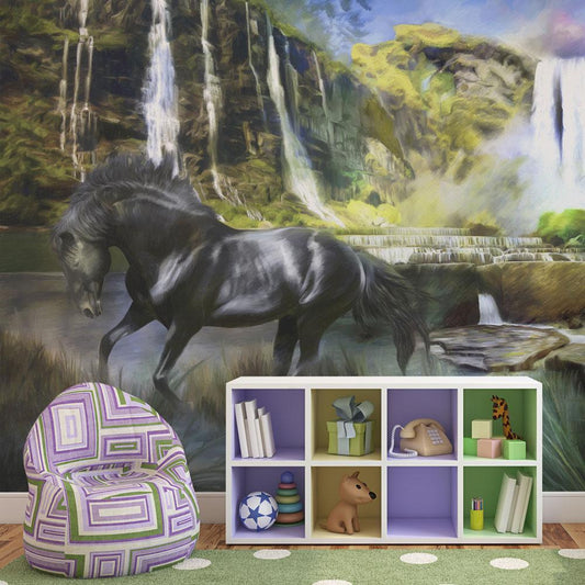 Wall Mural - Horse on the background of sky-blue waterfall-Wall Murals-ArtfulPrivacy