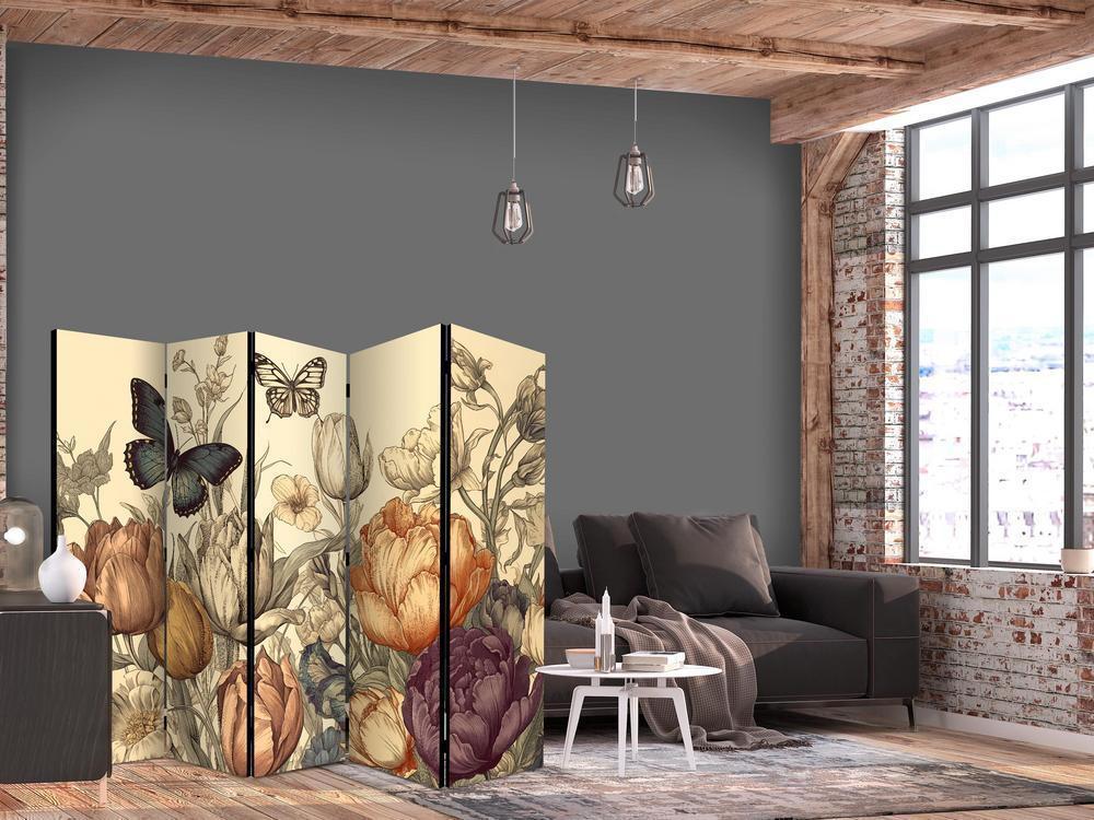 Room Divider - Tulips in Cream - Illustration of Flowers and Butterflies on a Light Background- A 5 Panel Folding Screen For Living rooms, bedrooms or home office, decorative folding screen made with wood and canvas