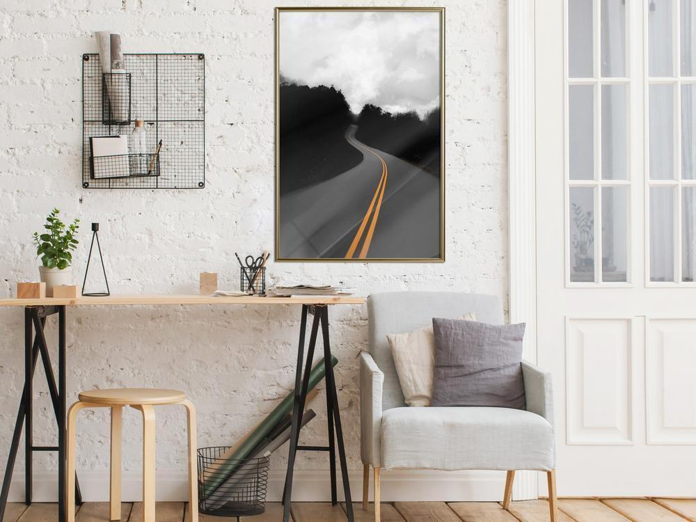Black and White Framed Poster - Road Into the Unknown-artwork for wall with acrylic glass protection